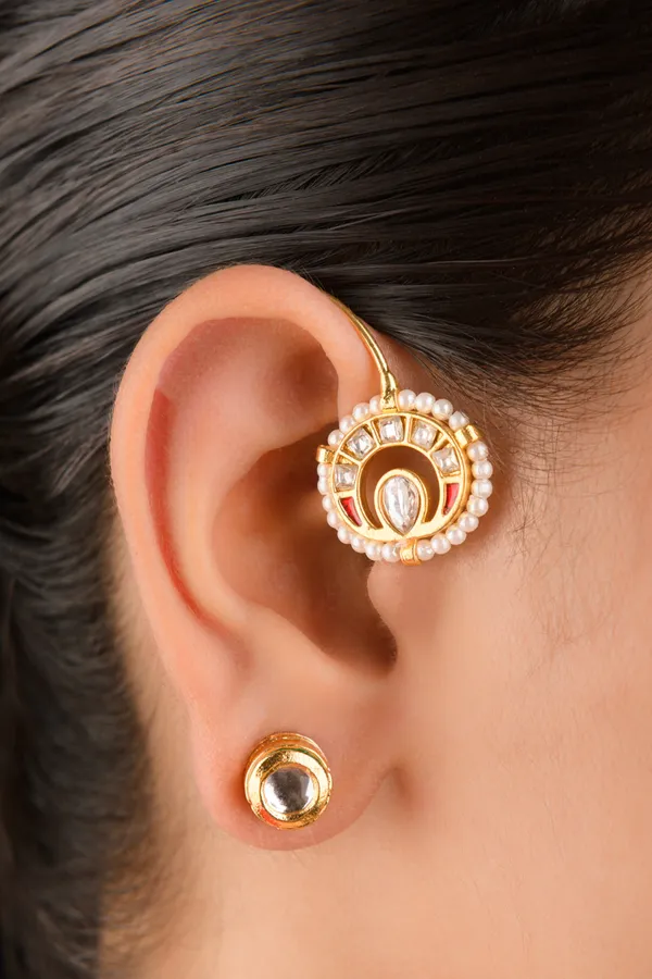 Red Kundan Gold & White Earcuffs