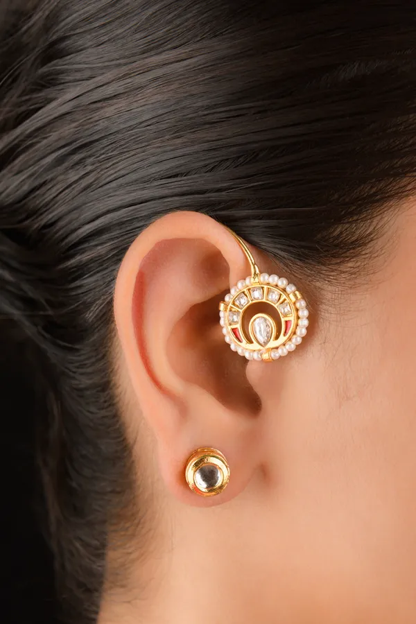 Red Kundan Gold & White Earcuffs