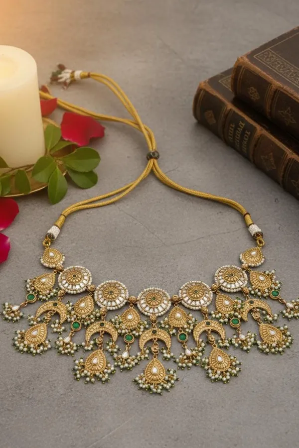 Statement Antique Gold & White Green Kundan Necklace