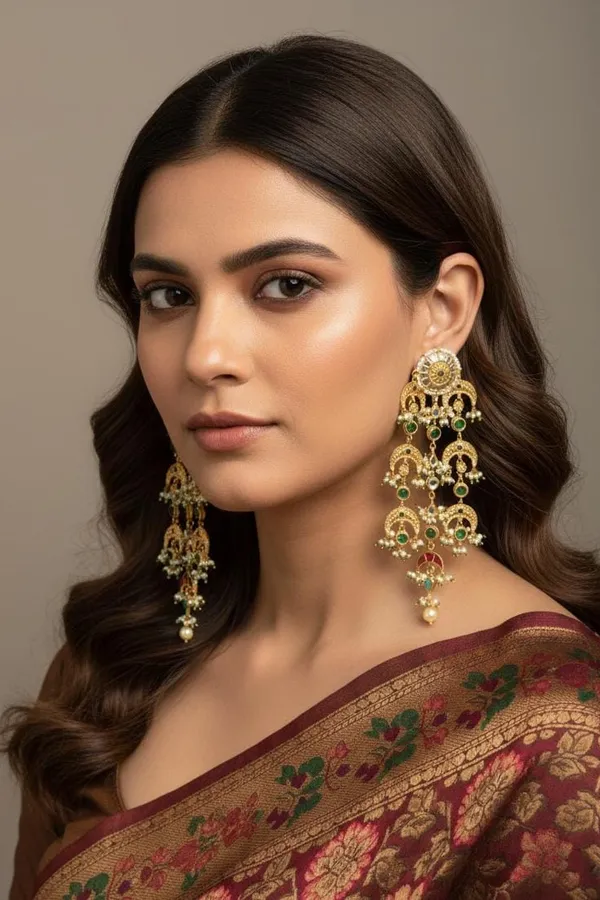 Statement Antique Gold & White Green & Red Kundan Earrings