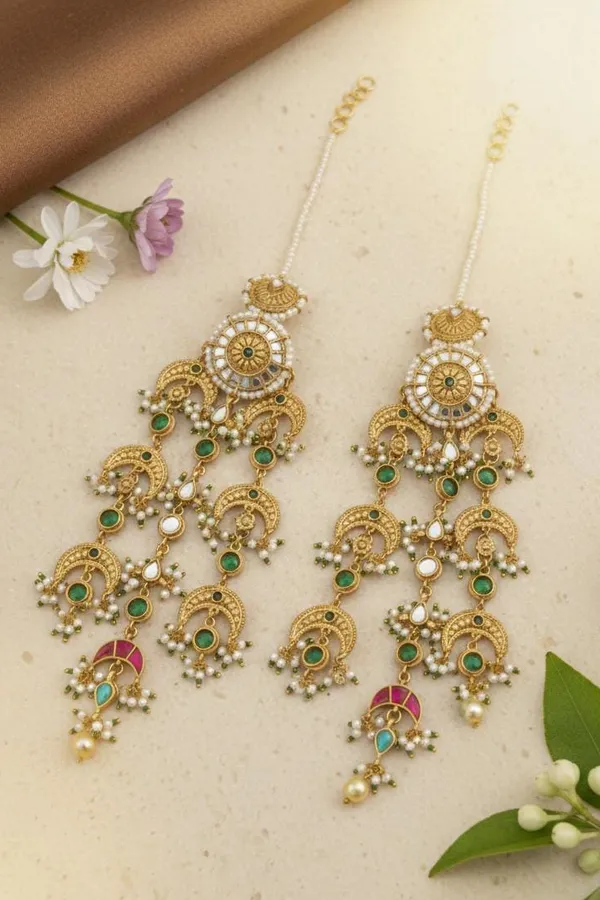 Statement Antique Gold & White Green & Red Kundan Earrings