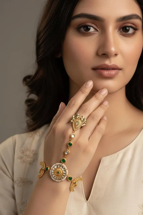 Statement Antique Gold & White Green Kundan Haathphool