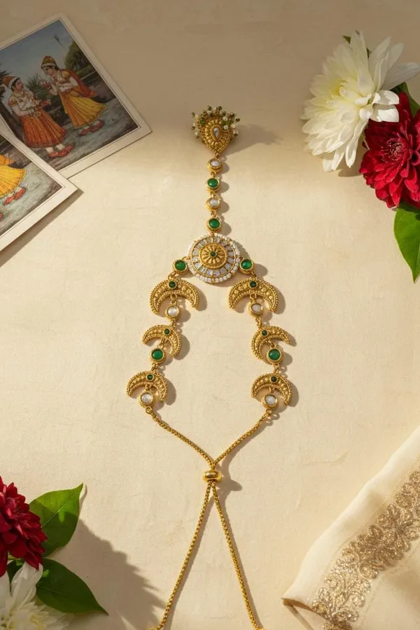 Statement Antique Gold & White Green Kundan Haathphool