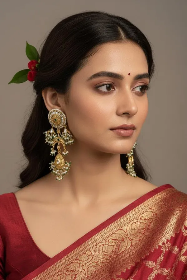 Statement Antique Gold & White Green Kundan Earrings