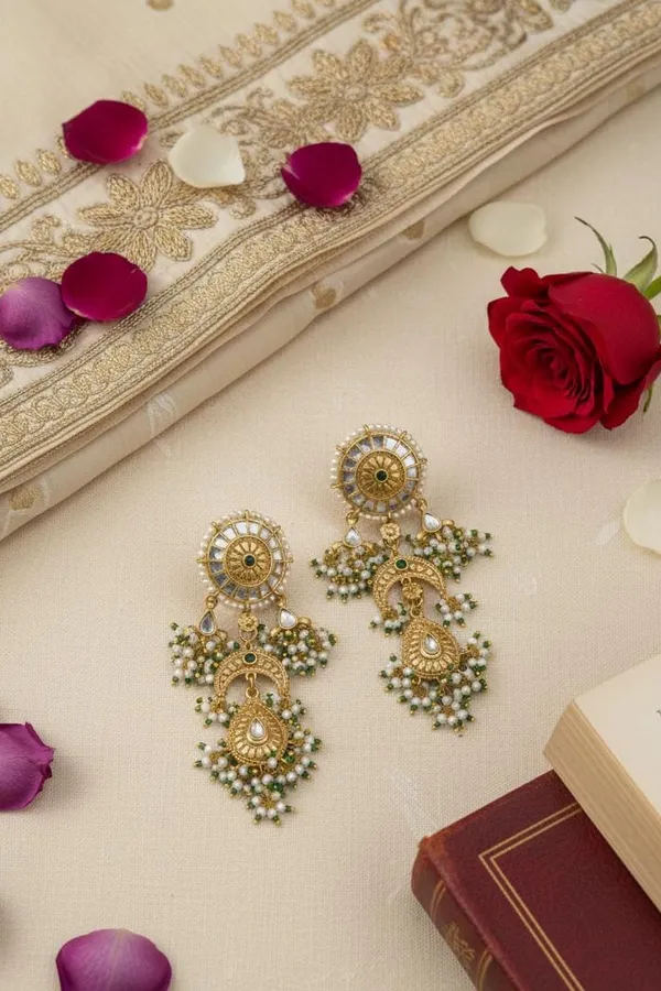 Statement Antique Gold & White Green Kundan Earrings