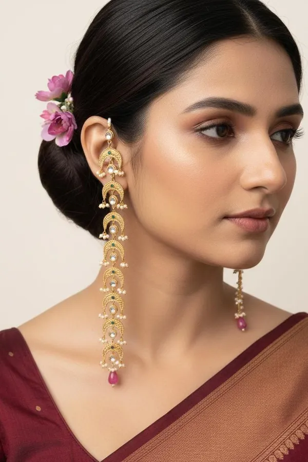 Antique Gold & White Green Kundan Tourmaline Drop Dangler Earrings