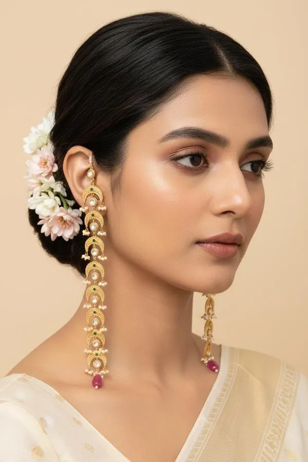 Antique Gold & White Green Kundan Tourmaline Drop Dangler Earrings