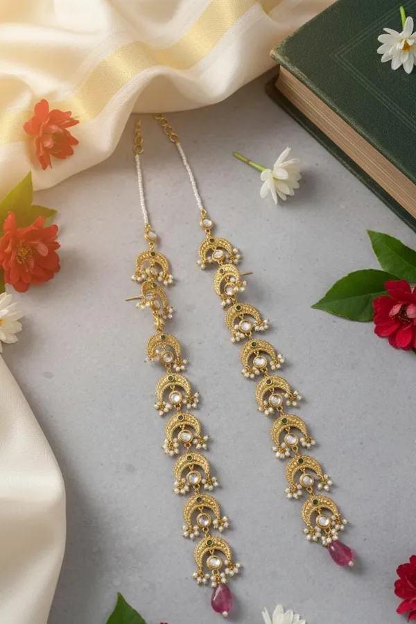 Antique Gold & White Green Kundan Tourmaline Drop Dangler Earrings