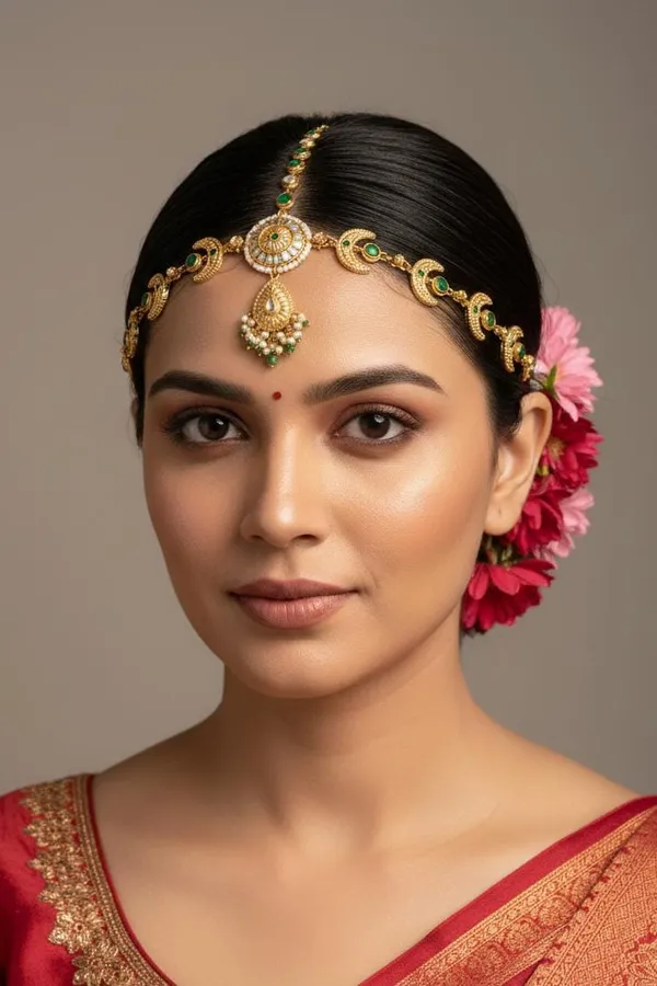 Antique Gold & White Green Kundan Mathapatti