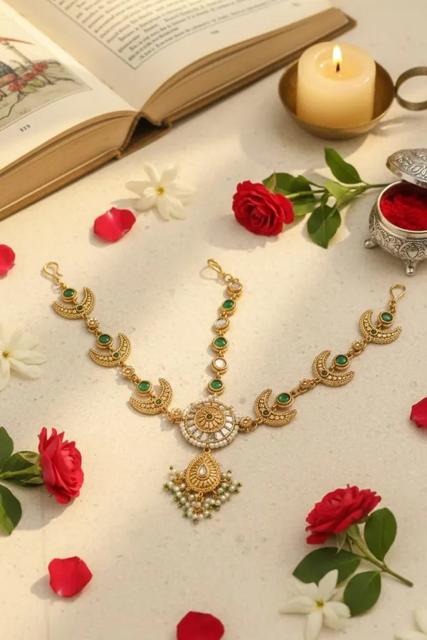 Antique Gold & White Green Kundan Mathapatti