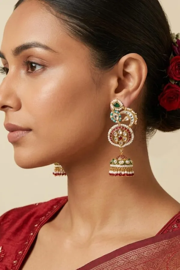 Red Green Kundan Feroza & White Pearls Jhumki Earrings