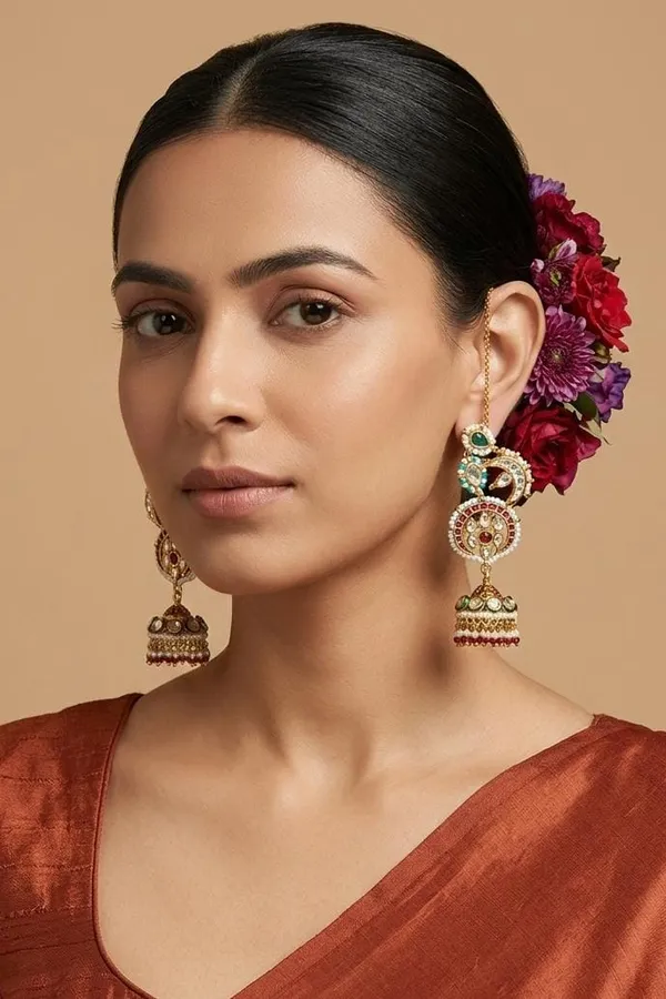 Red Green Kundan Feroza & White Pearls Jhumki Earrings