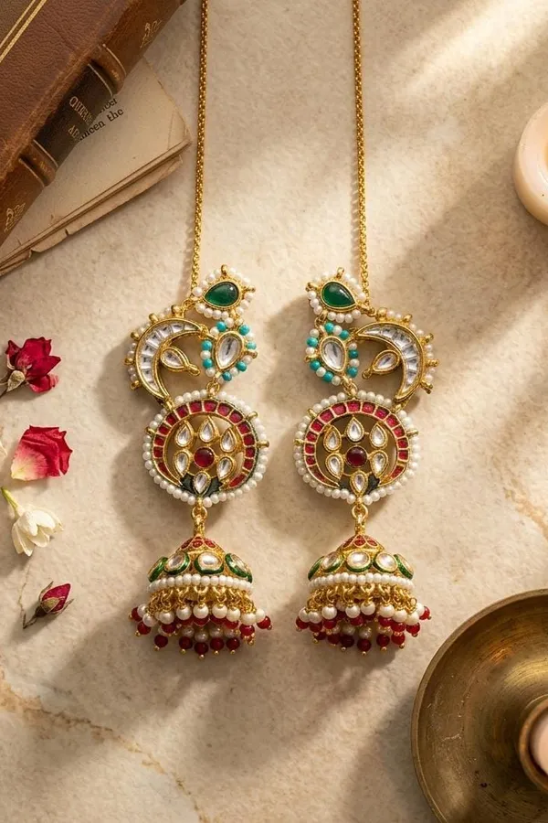 Red Green Kundan Feroza & White Pearls Jhumki Earrings
