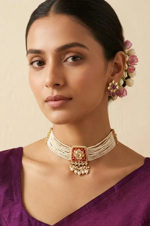 Red Enamel Gold White Kundan Pearl Drop Necklace