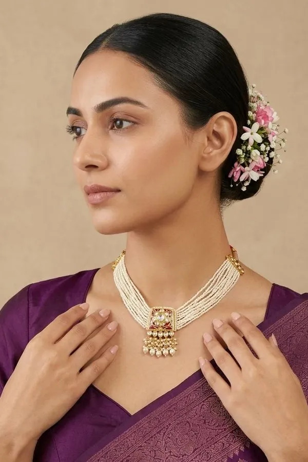 Red Enamel Gold White Kundan Pearl Drop Necklace