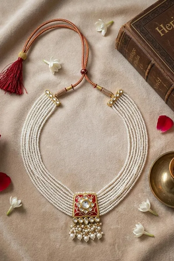Red Enamel Gold White Kundan Pearl Drop Necklace