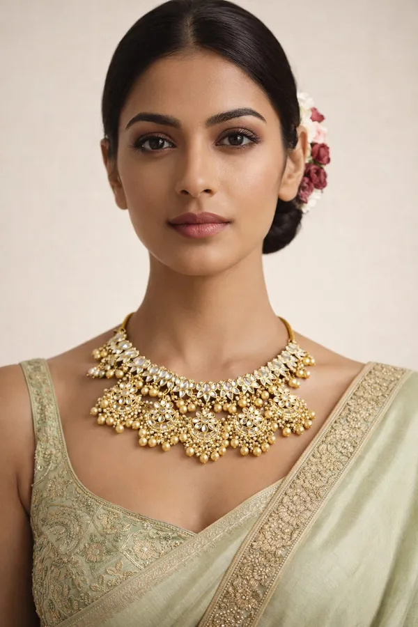Gold & White Kundan Lotus Chand Necklace