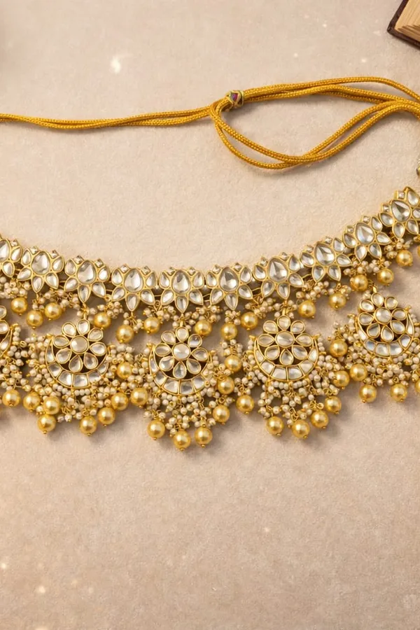 Gold & White Kundan Lotus Chand Necklace