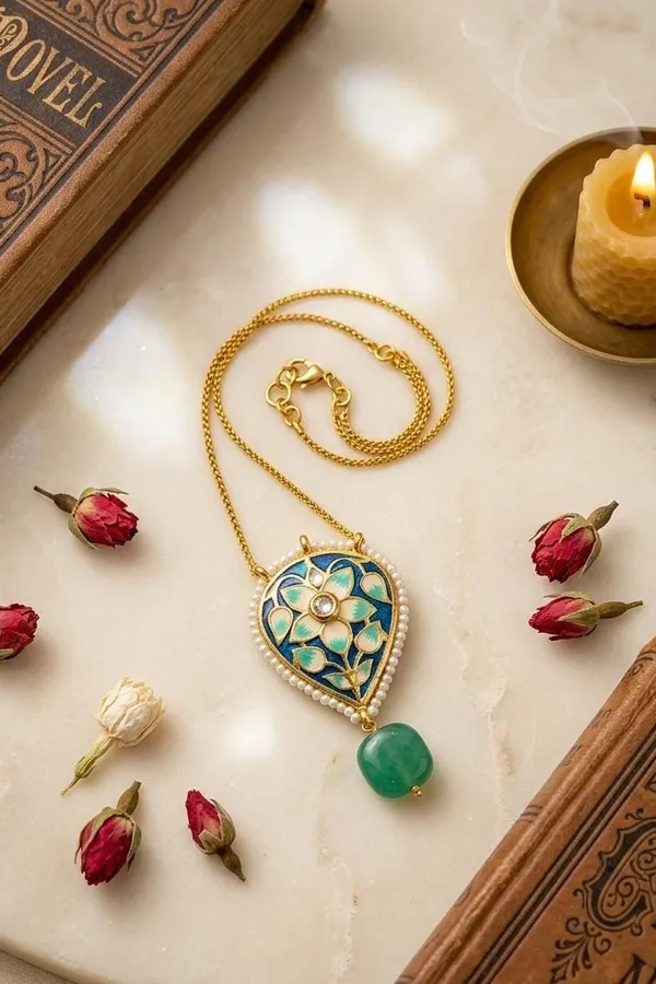 Blue Meena Pastel Green Necklace With Green Drop