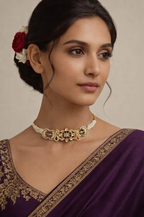 Red & Green Kundan Blue Meena Chand Tourmaline Stone Choker Necklace