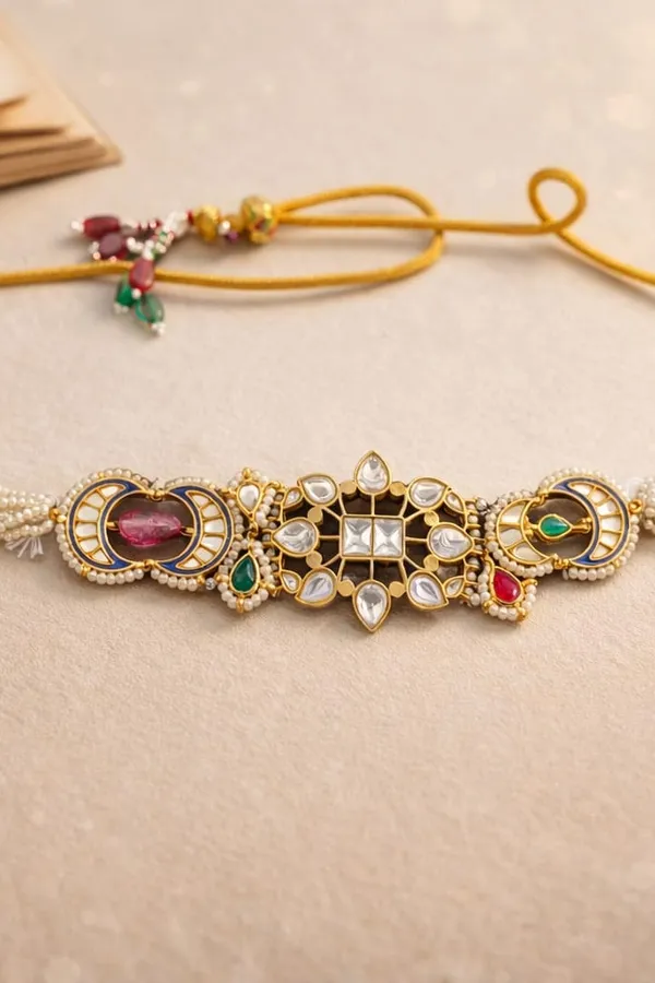 Red & Green Kundan Blue Meena Chand Tourmaline Stone Choker Necklace