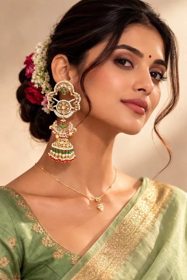 Green Kundan Gold White Green & Red Pearls Jhumki Earrings