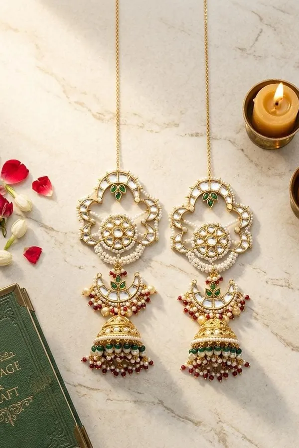 Green Kundan Gold White Green & Red Pearls Jhumki Earrings