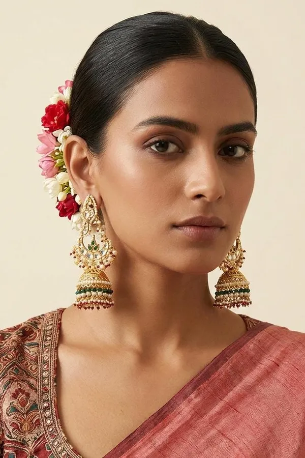 Ethnic Green Kundan Gold White Green & Red Pearls Jhumki Earrings