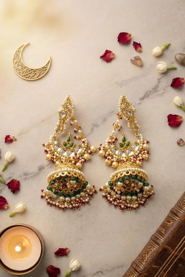 Ethnic Green Kundan Gold White Green & Red Pearls Jhumki Earrings