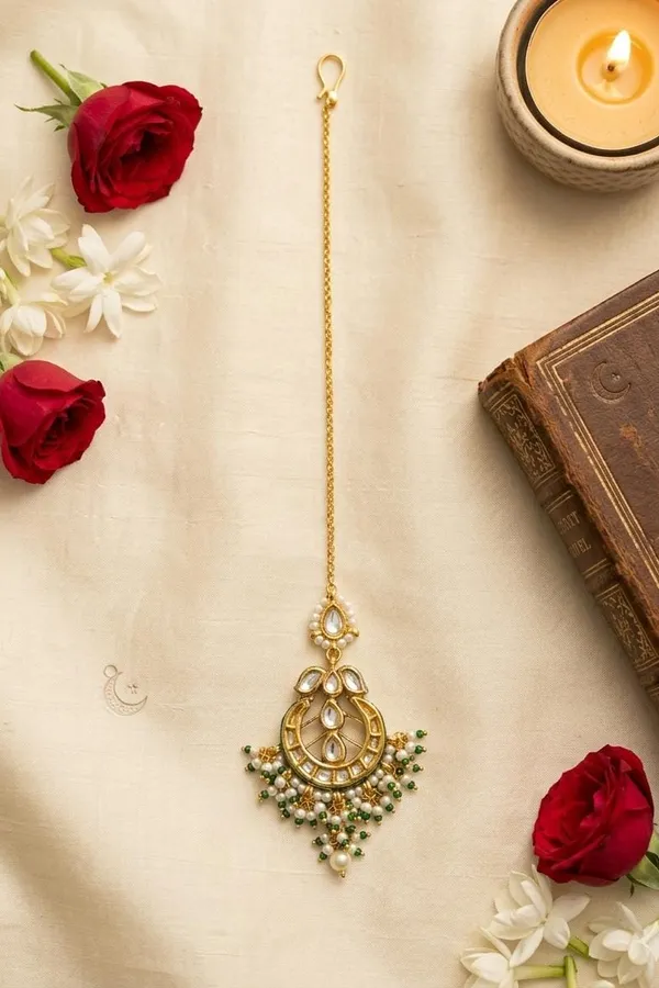 Green Meenakari Gold & White Kundan Green Pearls Maang Tikka