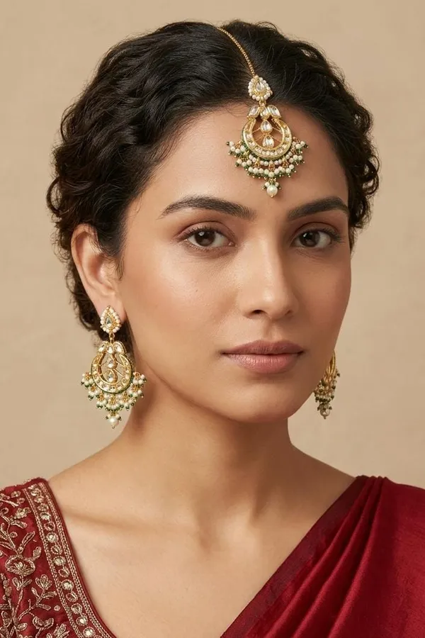 Green Meenakari Gold & White Kundan Green Pearls Maang Tikka