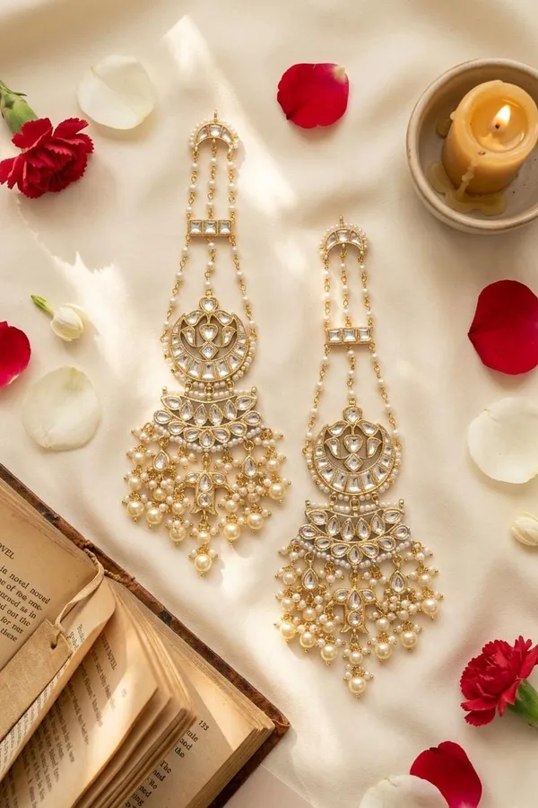 Gold & White Bridal Kundan Earrings With Pearl Drops