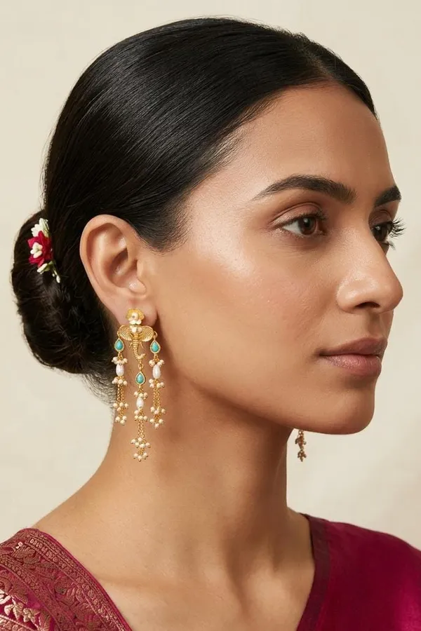 Ethnic Gold Finish Turquoise & Pearls Dangler Earrings