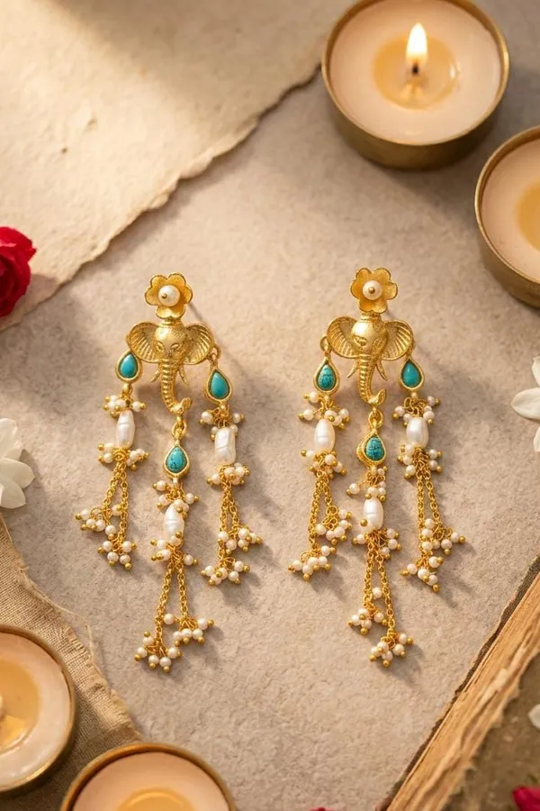 Ethnic Gold Finish Turquoise & Pearls Dangler Earrings