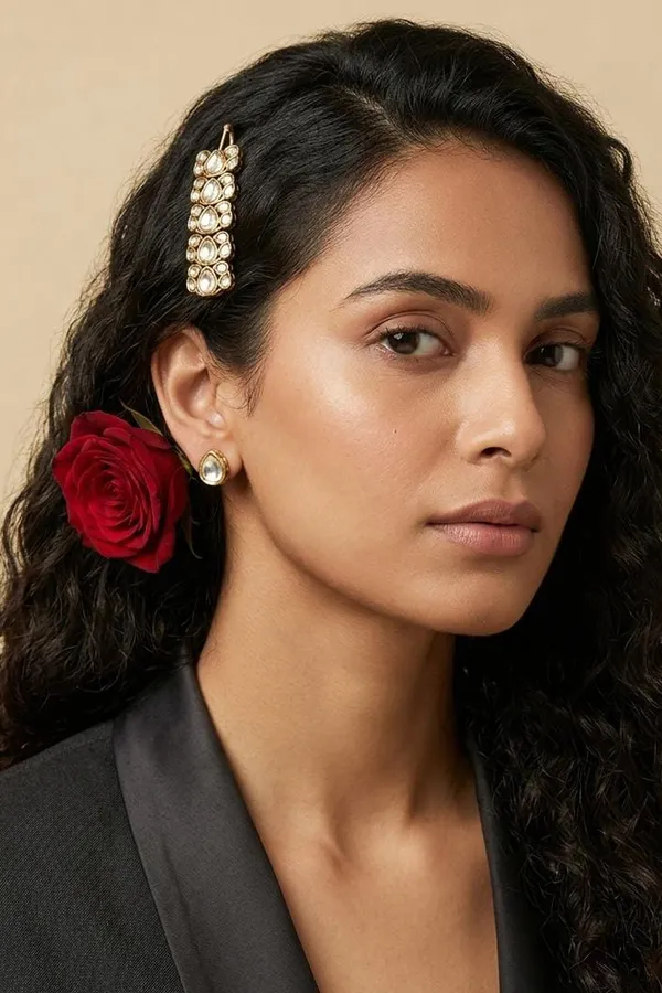 Gold White Kundan Hair Brooch