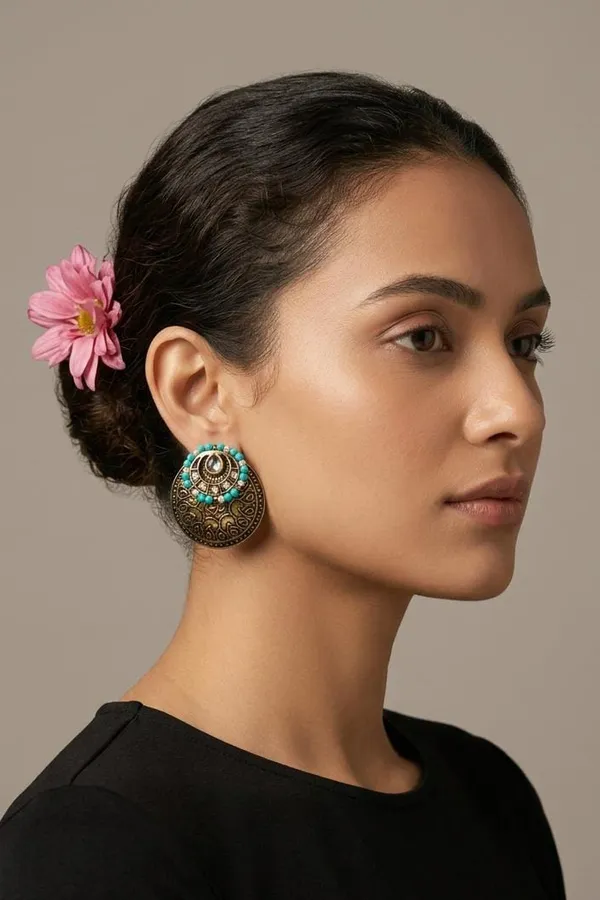 Dual Tone Antique Turquoise & White Pearl Earrings