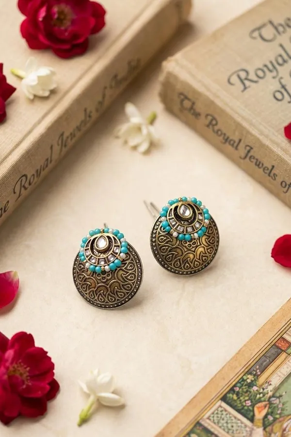 Dual Tone Antique Turquoise & White Pearl Earrings
