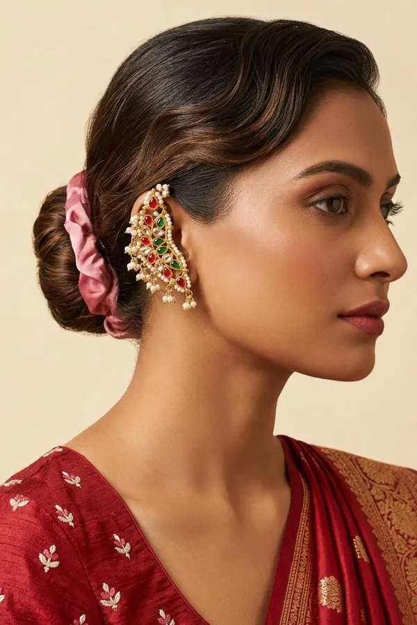 Pink & Green Kundan Pearls Earcuffs