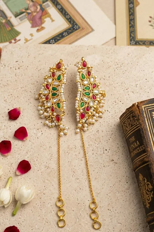 Pink & Green Kundan Pearls Earcuffs