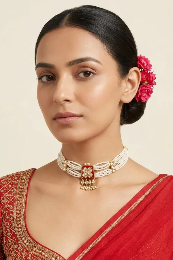 Loaded Red Enamel Gold White Kundan Pearl Drop Necklace