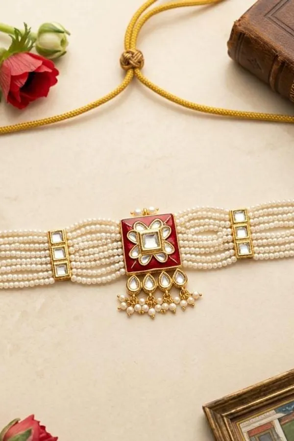 Loaded Red Enamel Gold White Kundan Pearl Drop Necklace