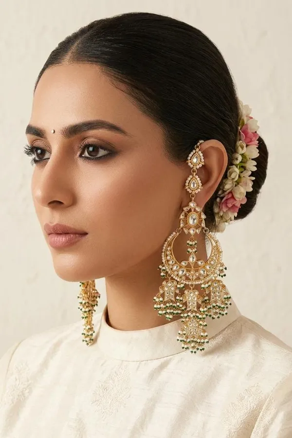 Statement Gold White Fish Motif Green Pearls Chandbali Earrings