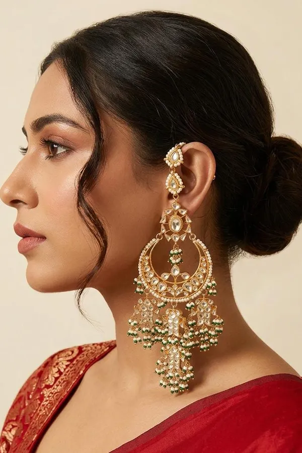 Statement Gold White Fish Motif Green Pearls Chandbali Earrings