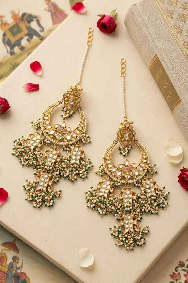 Statement Gold White Fish Motif Green Pearls Chandbali Earrings
