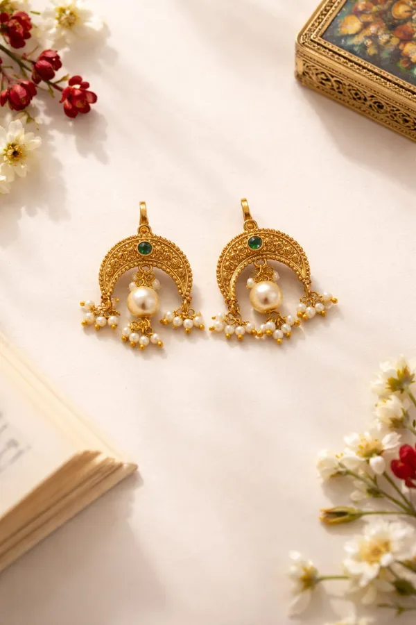 Regal Gold Green Kundan Pearl Drop Studs Earrings