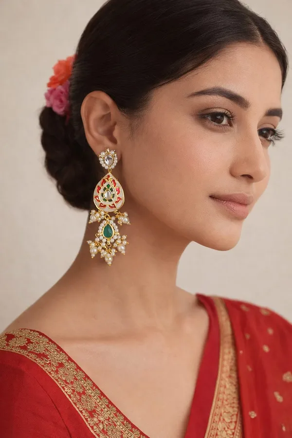 Green Red Meena Green Kundan Pearl Drop Earrings
