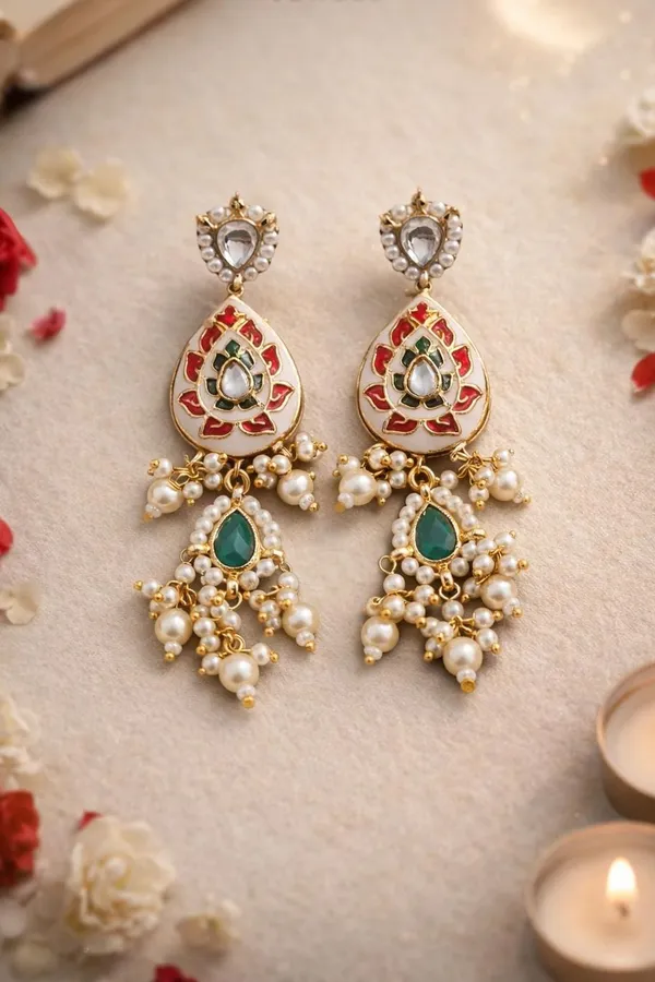 Green Red Meena Green Kundan Pearl Drop Earrings