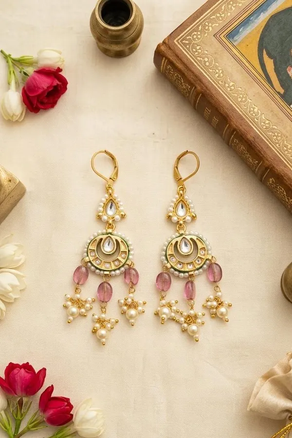 Green Meena Gold & White Pearl & Tourmaline Drop Dangler Earrings