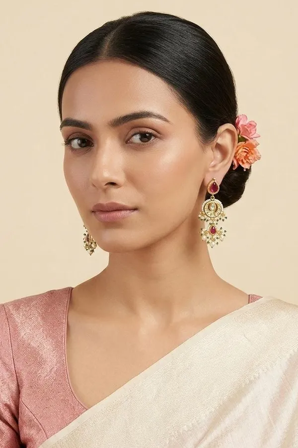 Red Kundan Gold & White Pearl Drop Dangler Earrings