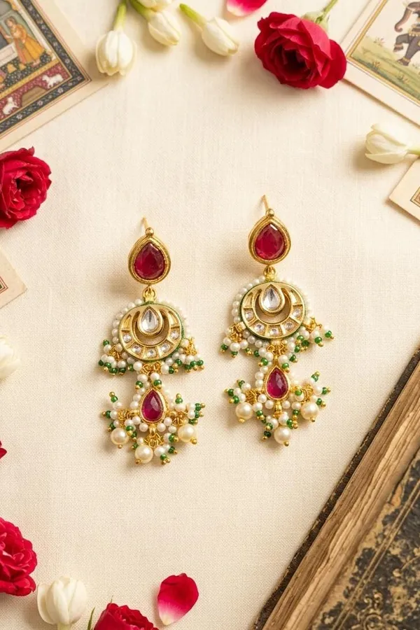 Red Kundan Gold & White Pearl Drop Dangler Earrings